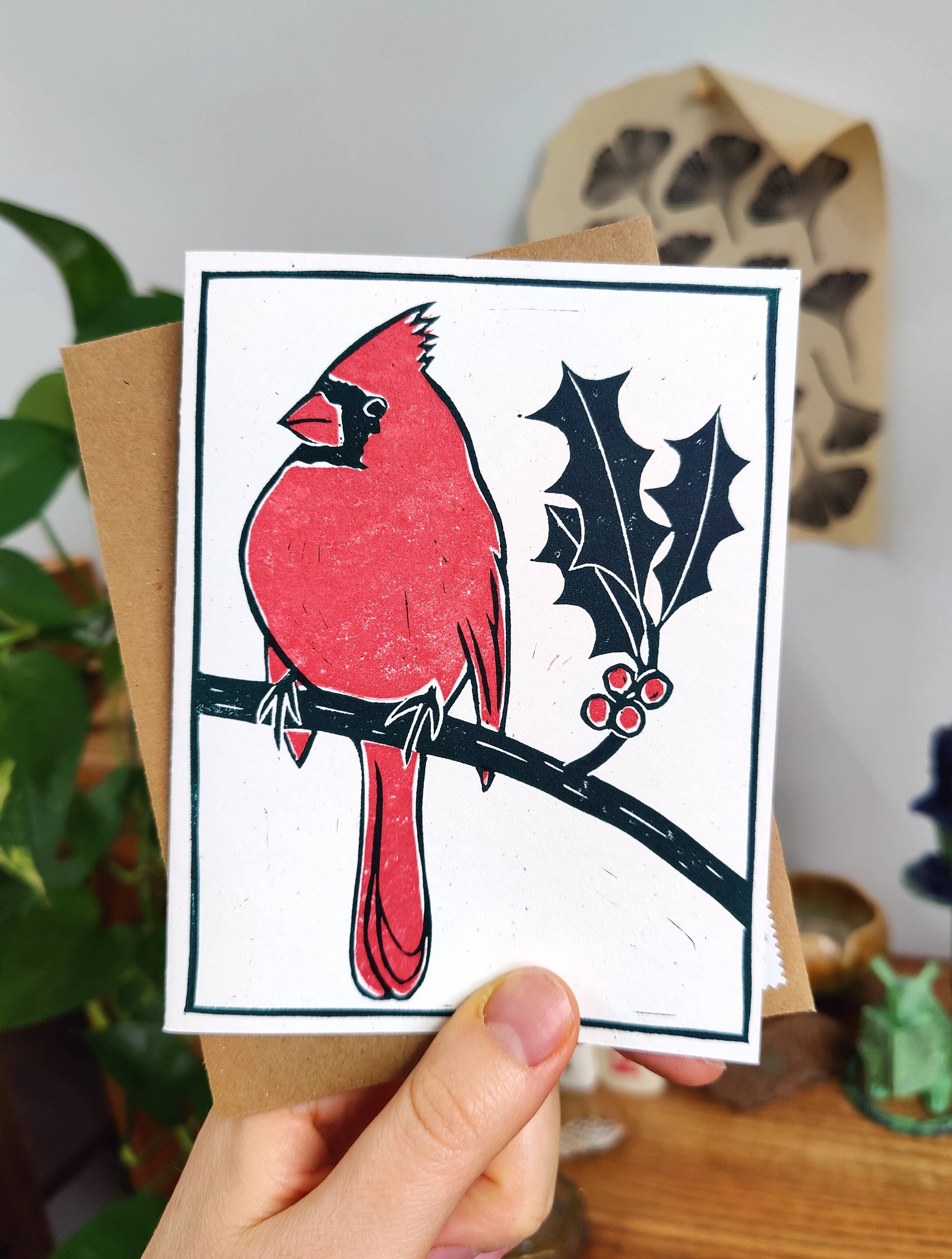 Winter Pickle Press - Wholesale Christmas Card - Handprinted linocut holiday cardinal folded card1