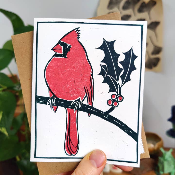 Winter Pickle Press - Wholesale Christmas Card - Handprinted linocut holiday cardinal folded card1