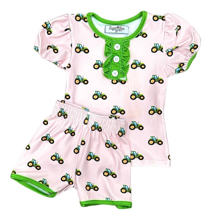 Sugar Bee Clothing - Wholesale Lounge Set - Kids - Ruffle Short Sleeve Lounge Set - Tractors On Pink