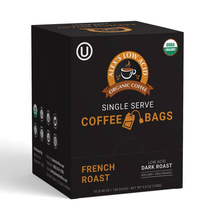 Alex's Low-Acid Coffee™ - French Roast Steep Bags for wholesale by Alex's Low-Acid Organic Coffee