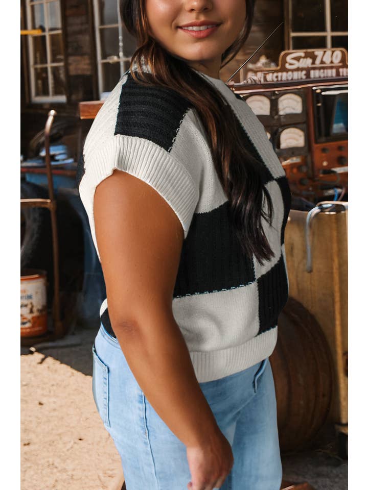 fashionworks - Wholesale Knit Sweater - Women's - Fashion-W Checkered Colorblock Short Sleeve Sweater7