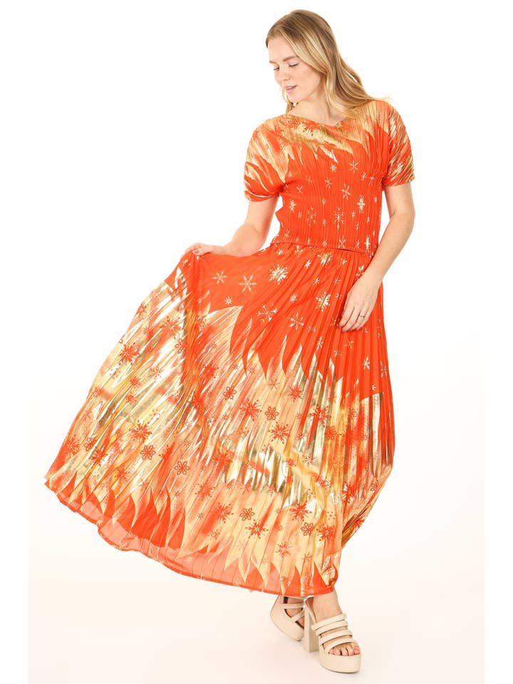 Beulah Style - Wholesale Top & Skirt Set - Women's - Glossy Snowflake Pattern Pleated Top & Skirt Set QM60388