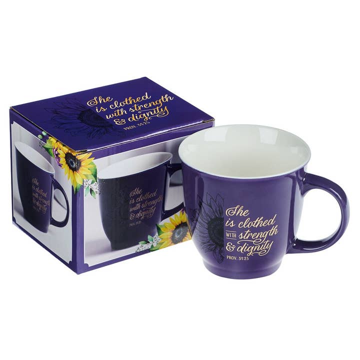 Christian Art Gifts - Wholesale Coffee Mug - Mug White/Purple Sunflower Strength & Dignity Prov. 31:251