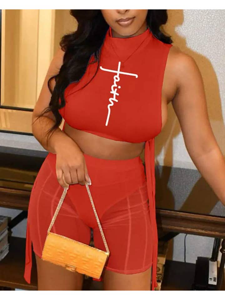 Queen Fashion - Wholesale Top & Skirt Set - Women's - print tie side crop top sheer mesh shorts set