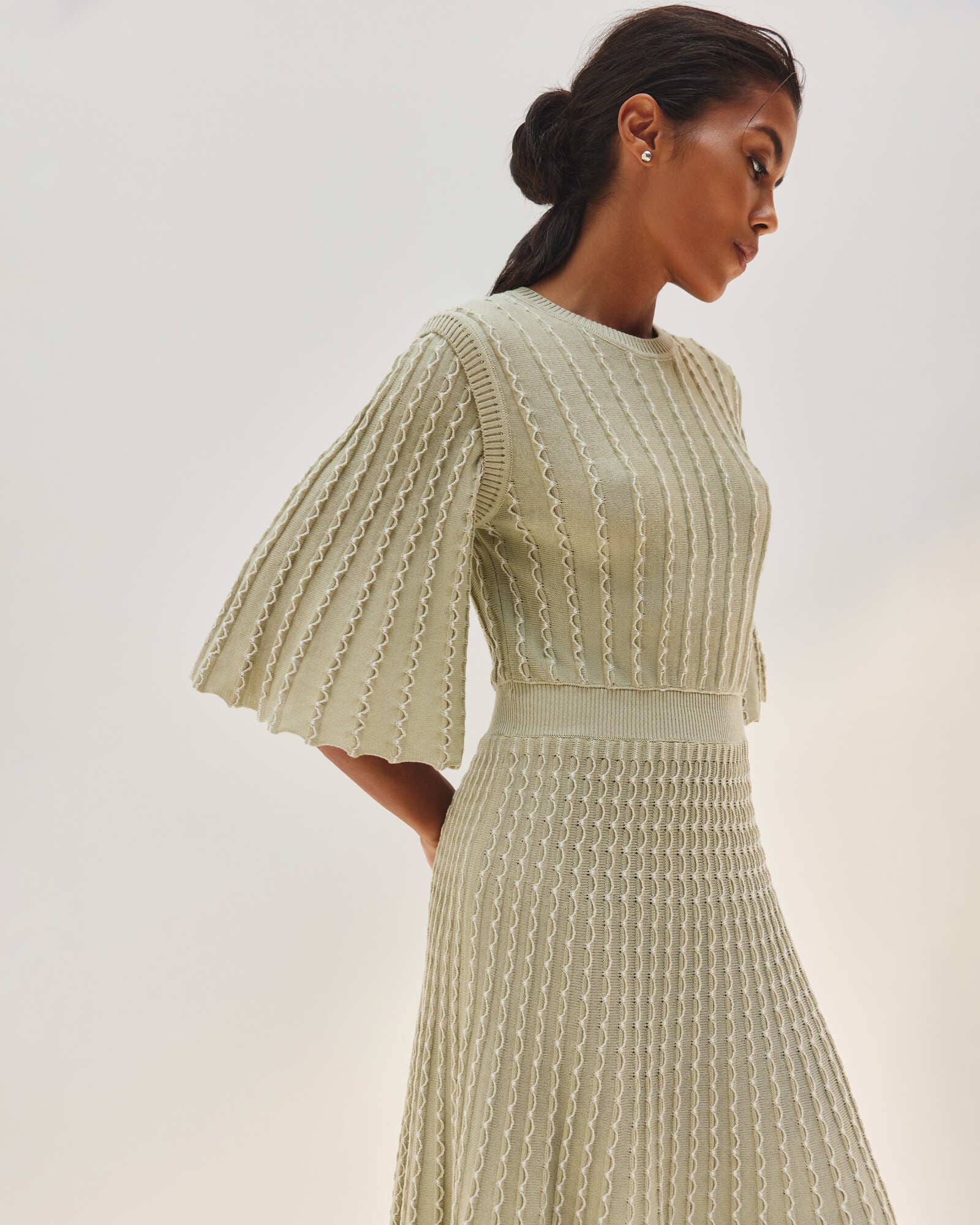 Nenya Fashion Limited – wholesale Dress – Women's – Estelle Openwork Knit Dress with Flared Sleeve2