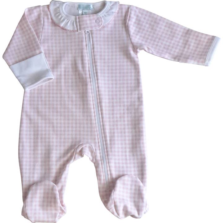 Baby Girl's "Pink Checks" Zipper Pima Cotton Footie for wholesale by Baby Threads