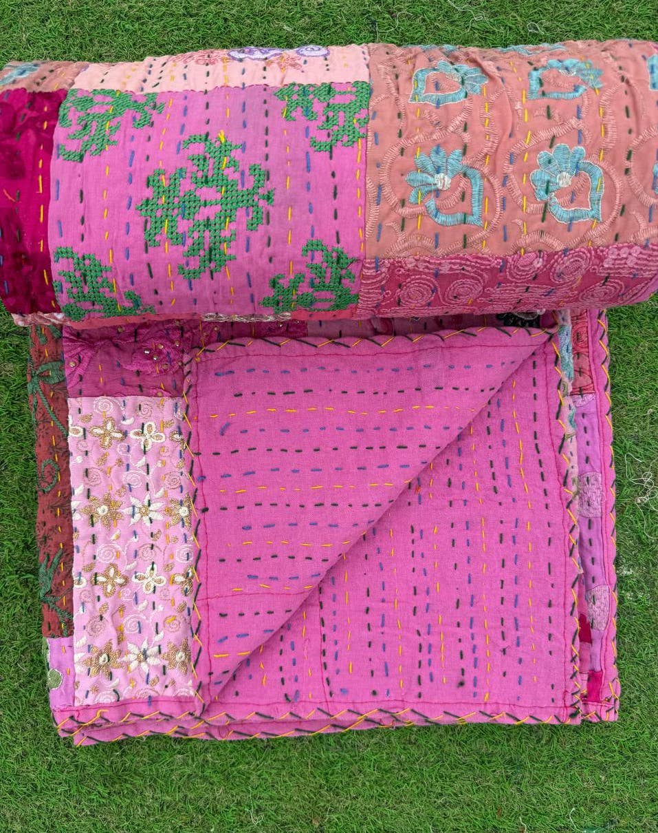 Bhawana Handicrafts - Wholesale Throw blanket - Kantha Stitched Patchwork Embroidery Quilts Cotton Bedspread8