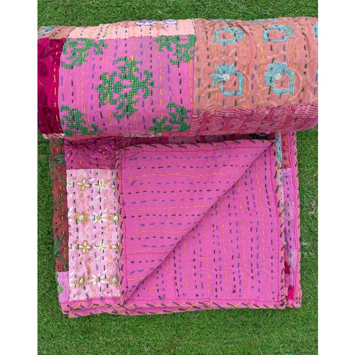 Bhawana Handicrafts - Wholesale Throw blanket - Kantha Stitched Patchwork Embroidery Quilts Cotton Bedspread8