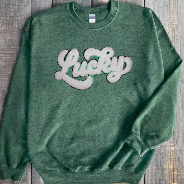 Lucky Chenille Patch Crewneck | St. Patricks Day Sweatshirt for wholesale by Facing West