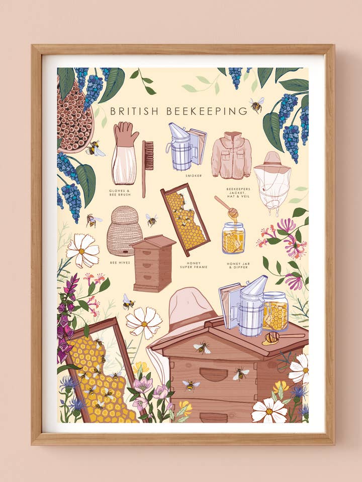 British Beekeeping Wall Art Print A4 Unframed for wholesale by Angie Spurgeon Illustration and Design