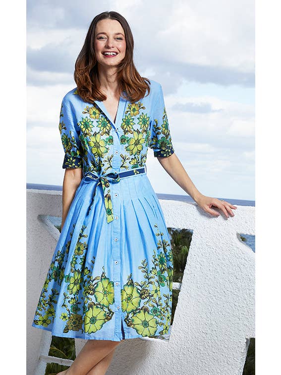 Dizzy-Lizzie - Wholesale Dress - Women's - Mrs Maisel Light Blue Ground With Leaves Print