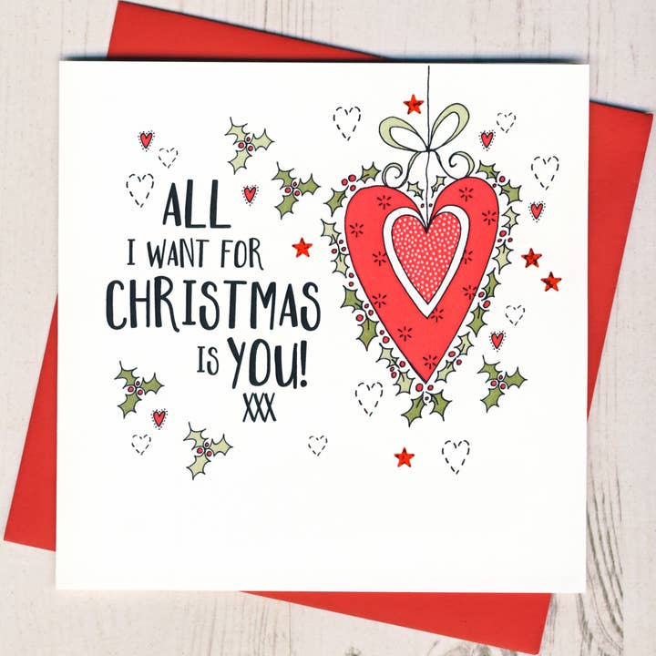 All I Want For Christmas Is You Card - Festive Heart Design for wholesale by Eggbert & Daisy