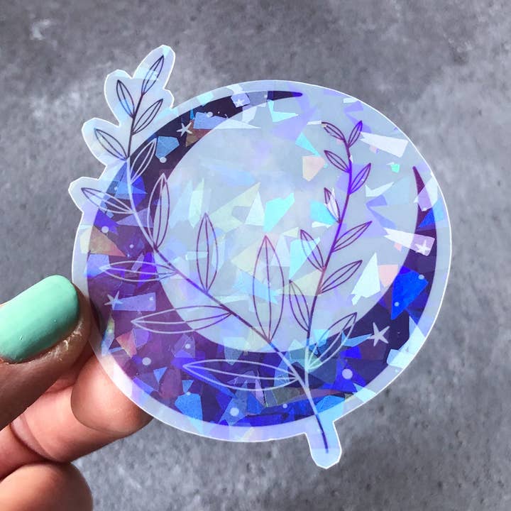 Autocollant lune et plante avec superposition holographique pour la vente par Anita Ivancenko