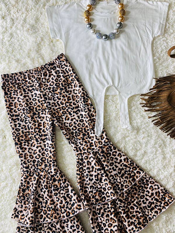 DLH2697 White tie top leopard bell bottom girls sets for wholesale by luluclothes