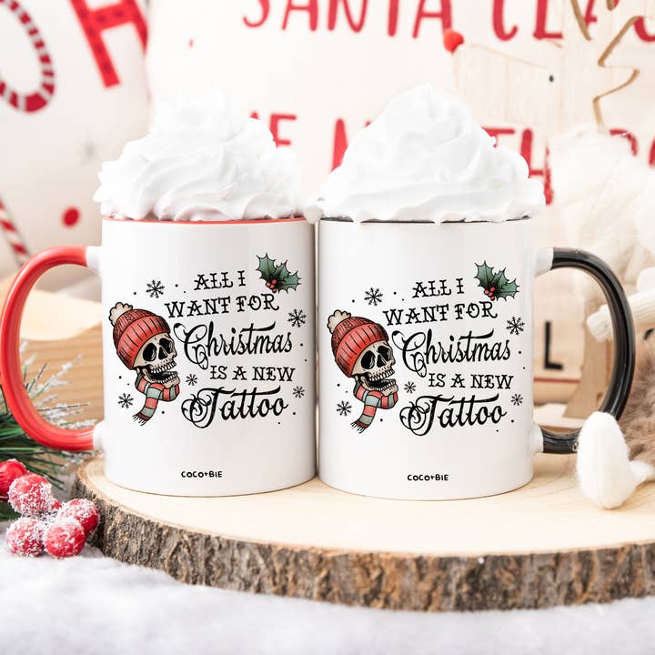 coco+bie designs - Wholesale Coffee Mug - Christmas Tattoo Mug, All I Want For Christmas, Skeleton