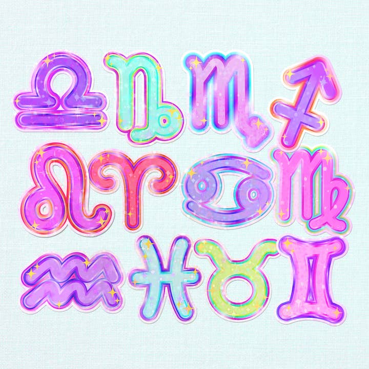 Zodiac Sign Symbols Holographic Vinyl Die Cut Sticker for wholesale by LooLooKazoo