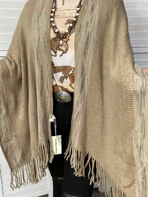 TTY11096 Khaki & multi color shawl w/tassels for wholesale by luluclothes