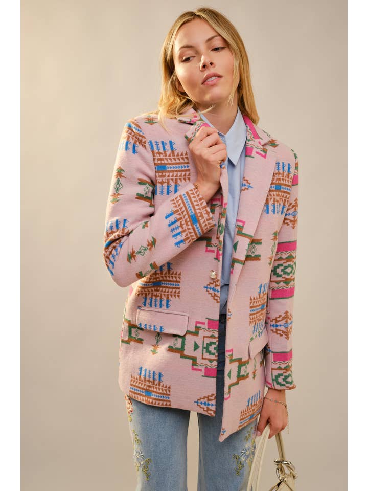 Blue B - Wholesale Blazer - Dames - 37937J Azteekse Jacquard Juweel Knoop Blazer2