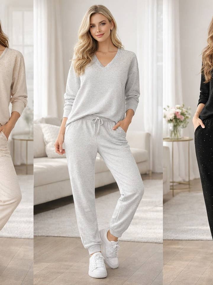 Metallic Diamante Stud Soft Touch Two piece Coord Set for wholesale by Kurt Muller