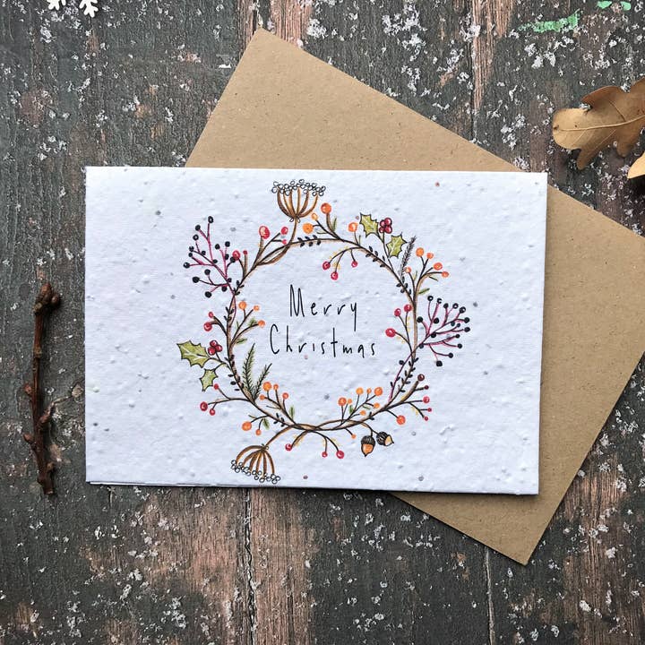 Plantable Seed Christmas Cards, Illustrated Christmas Card for wholesale by Erika's Whimsical Art