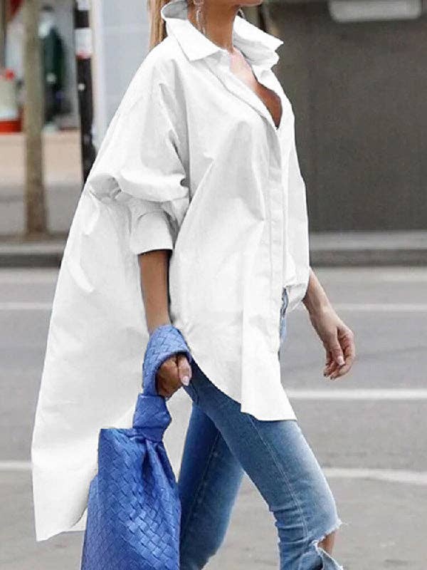 Sheer Trend - Wholesale Button Down Shirt - Women's - Urban Long Sleeves High-Low Solid Color Lapel Blouse Top