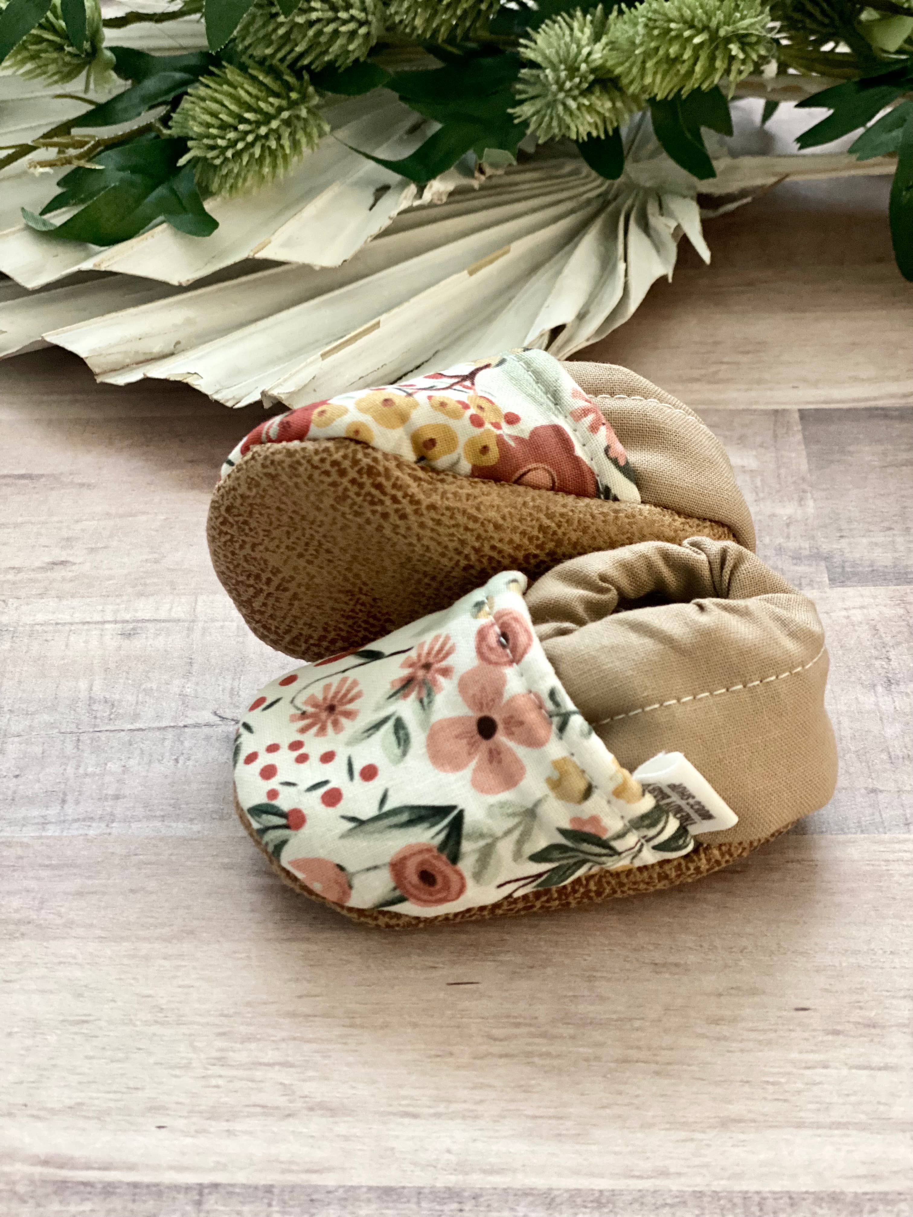 Trendy Baby Mocc Shop - Wholesale Crib Shoes - Baby - White Spring Floral with Tan Baby Shoes1