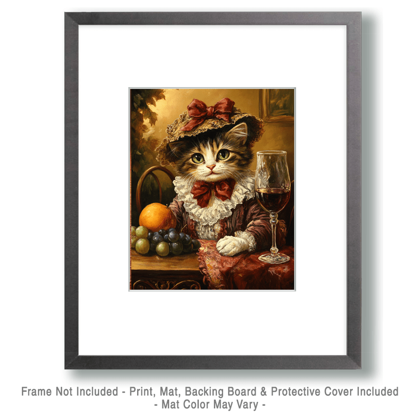 Mowbi – wholesale Art print – Miss Kitty with Glass of Vino - Wine Wall Art Prints – 8″x10″ Artwork for 11″x14″ Frame1