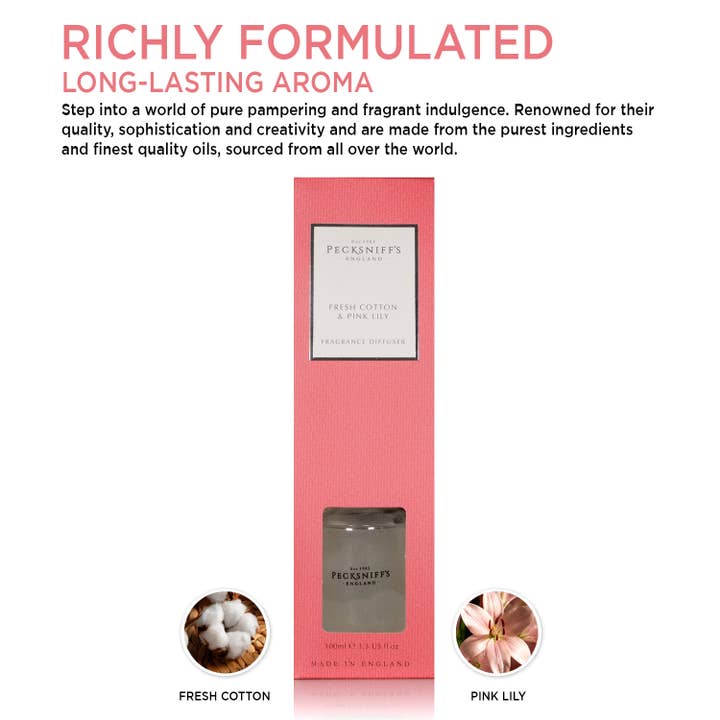 Prestige Beauty Boutique – Großhandel Reed-Diffusor – Pecksniffs Diffusor aus frischer Baumwolle und rosafarbener Lilie | 100 ml/3,38 Fl Oz1