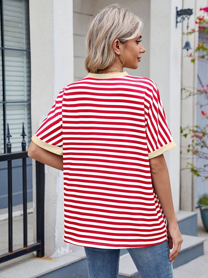 Lovesoft – wholesale T-shirt – women's – Striped Collision Round Neck Short-sleeved11