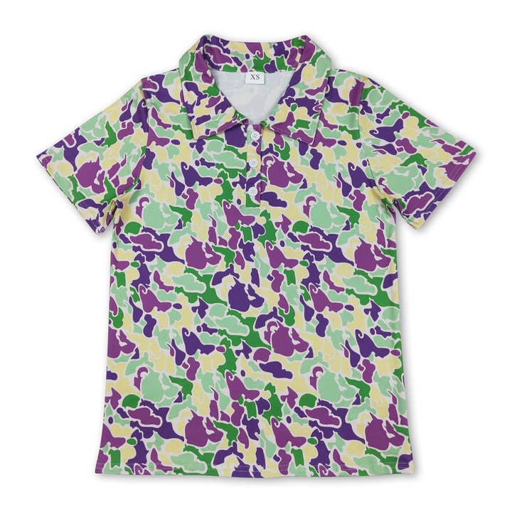 Polo homme camouflage violet jaune vert pour Mardi Gras pour la vente par Yawoo Garments