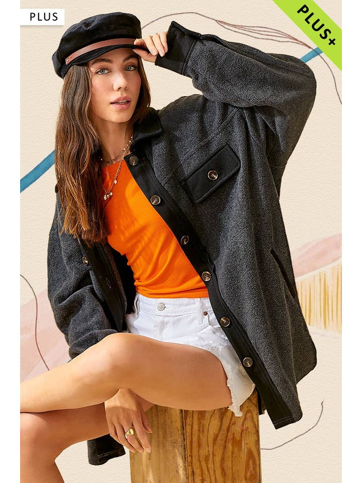 La Miel - Wholesale Shirt Jacket/Shacket - Women's - JKT1712P-Plus Size Loose Fit Button Down Fleece Shacket9