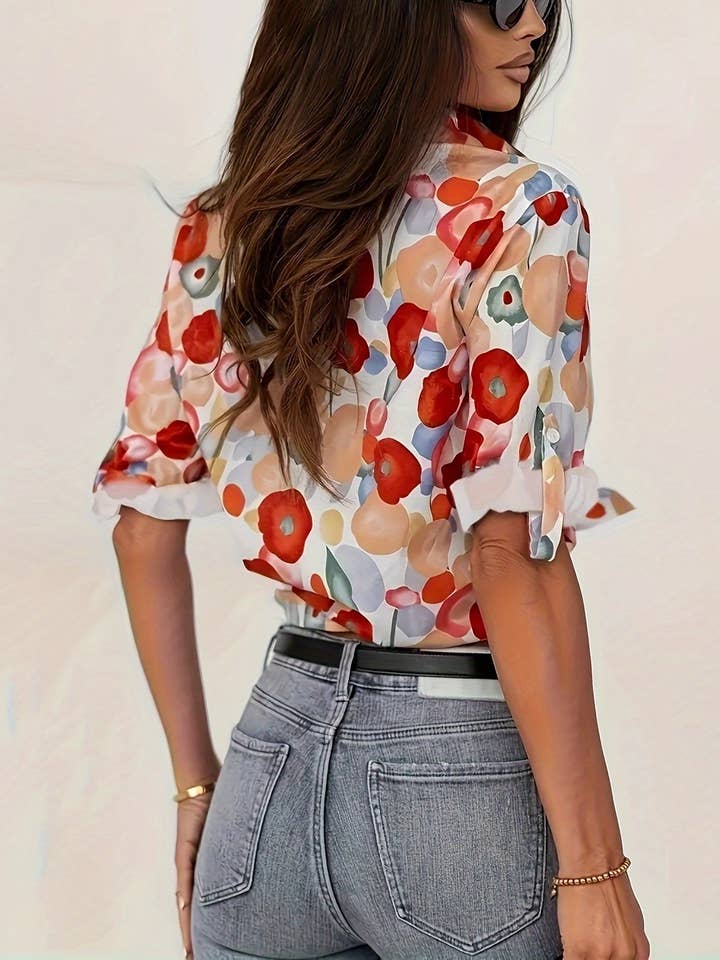 Chic Vibrant Floral Print Button Down Blouse for wholesale on Faire