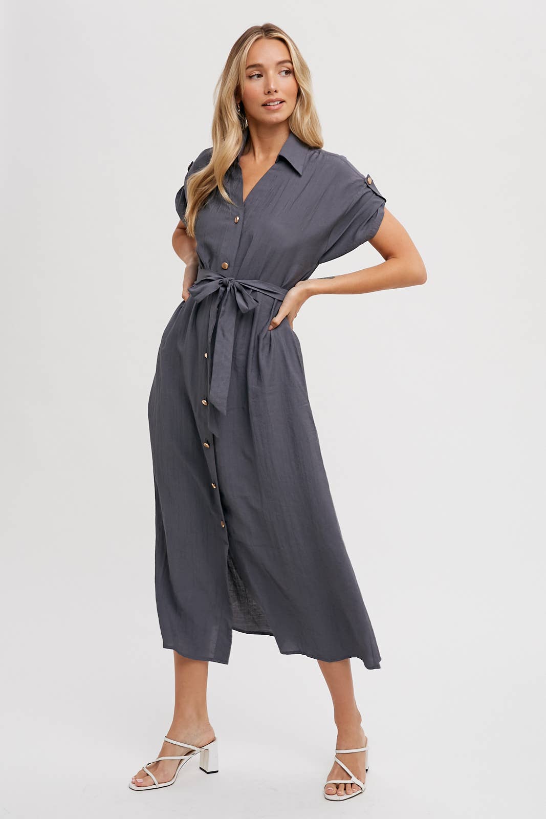 Bluivy – Vestido - Mulher por atacado – VESTIDO DE CAMISA COM CINTO DE MANGA ROLL-TAB7