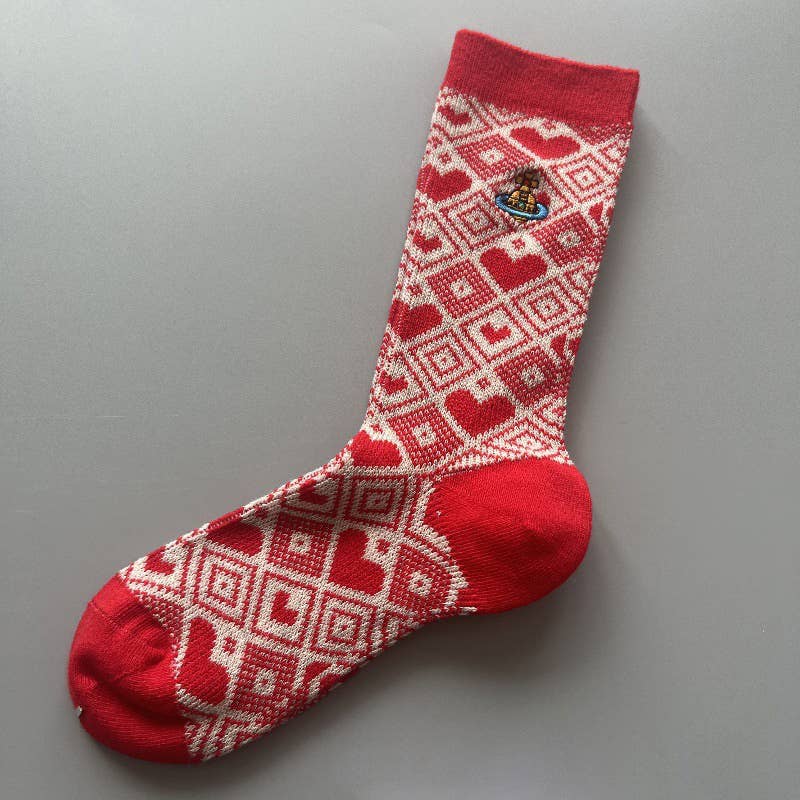 Tourtiwi - Wholesale Socks - Women's - Red Snowflake & Geometric Patterns Christmas Crew Socks0