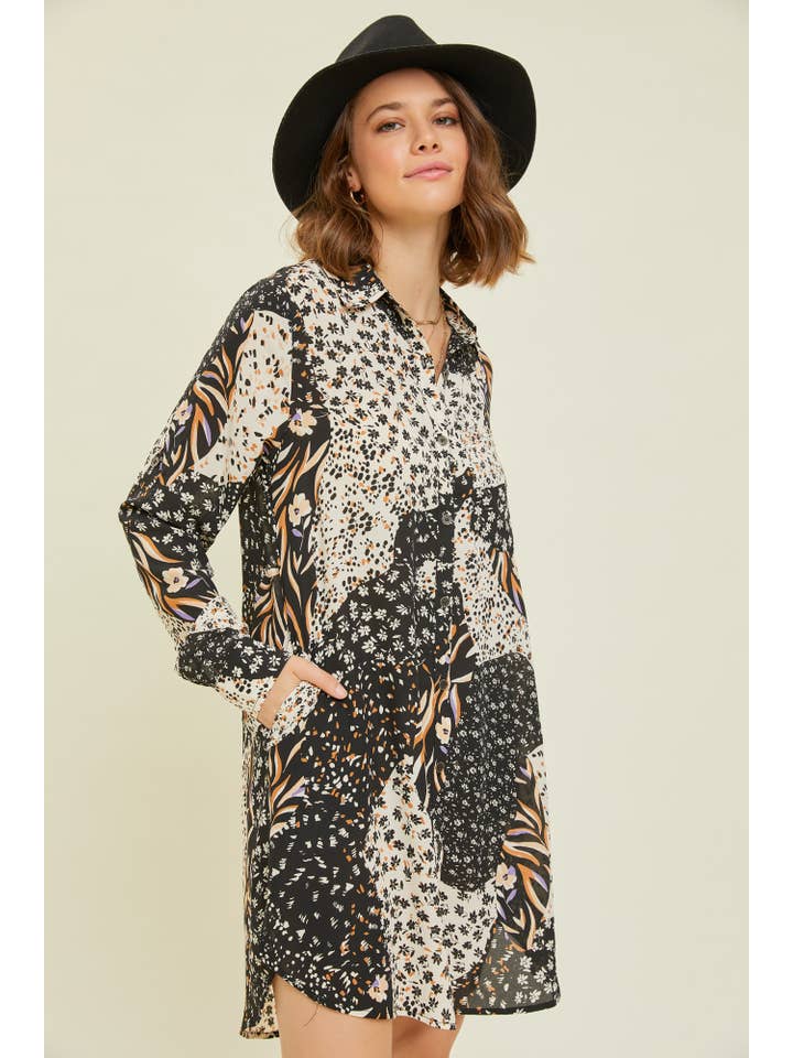 BLACK MULTI ED5271-1 BUTTON DOWN SHIRT DRESS WITH POCKETS for wholesale on Faire