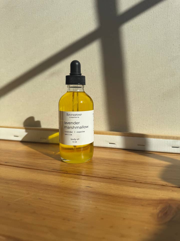 Lavender Marshmallow - Natural Body Oil- 4 oz glass bottle for wholesale by FavenRose Creations