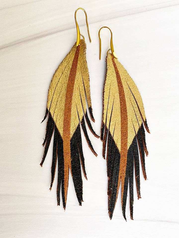Toast Color Leather Earrings - Gold Black for wholesale by The Supply Society