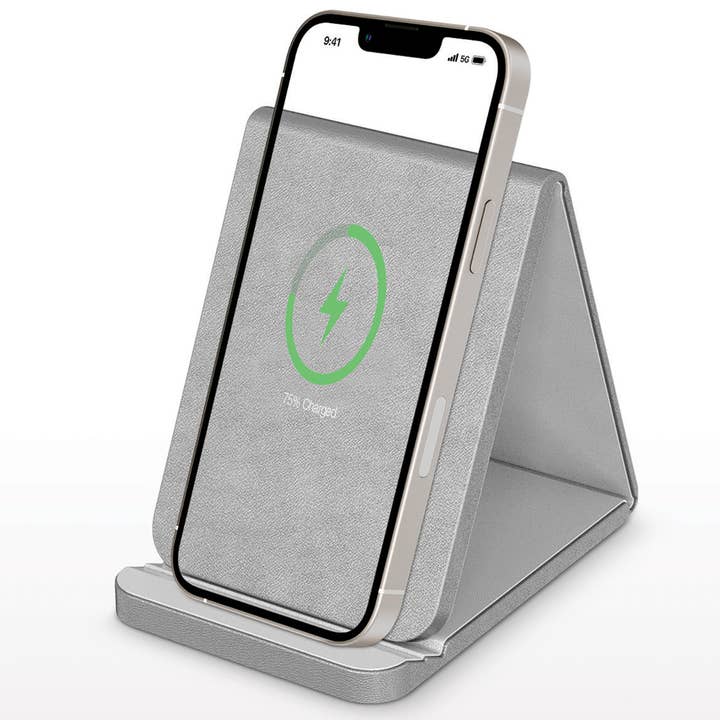 Silver - Leather Wireless Charging Folding Stand & Pad for wholesale by PhunkeeTree