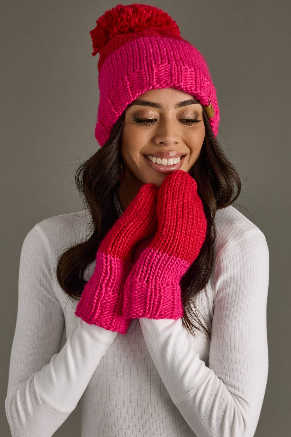 Panache Apparel Co. - Wholesale Beanie - Women's - Red & Pink Color Block Pom Hat4