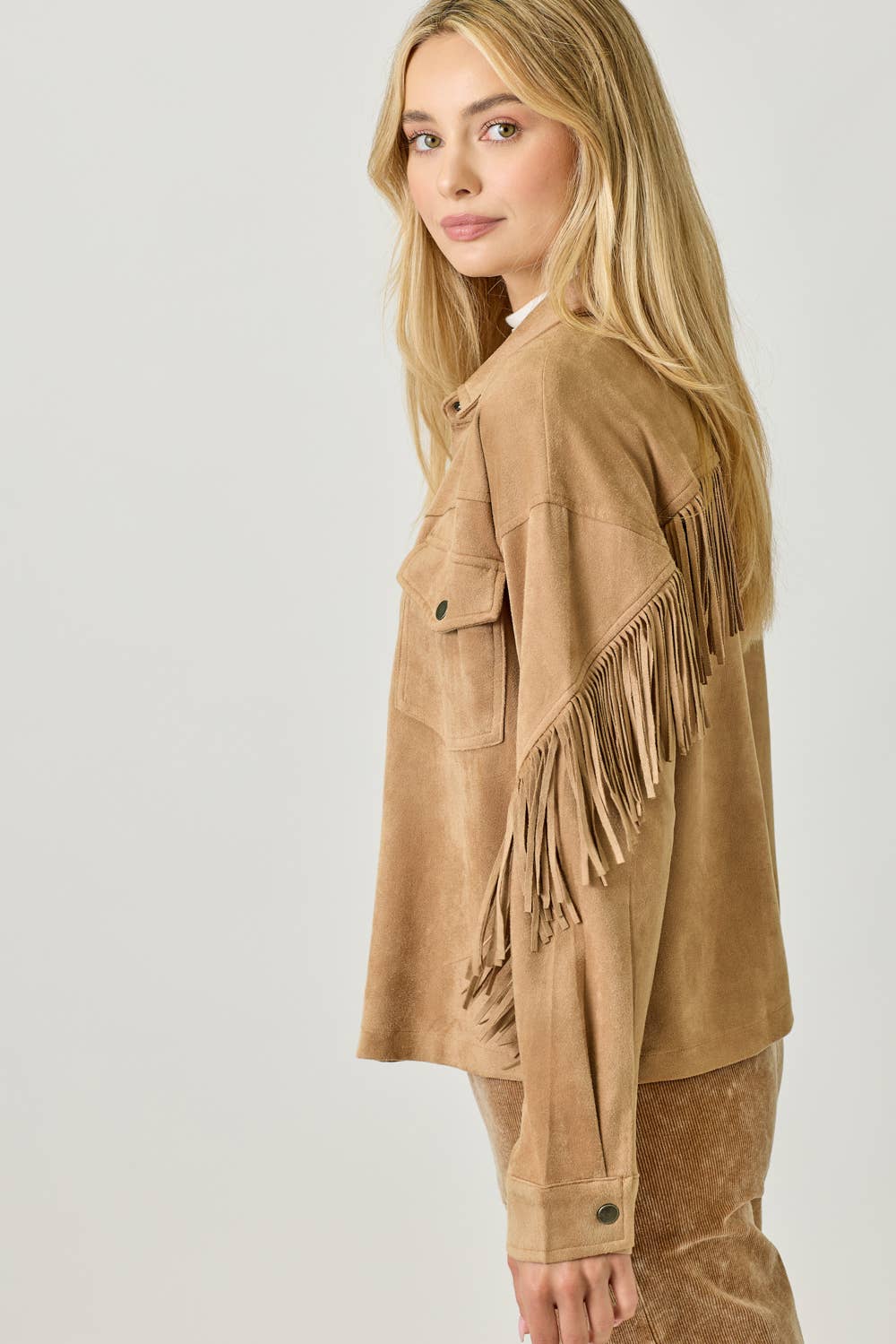 Mystree - Vendita all'ingrosso Giacca a camicia - Donna - 20609 Giacca Camicia in Suede con Dettaglio sul Retro a Frange36