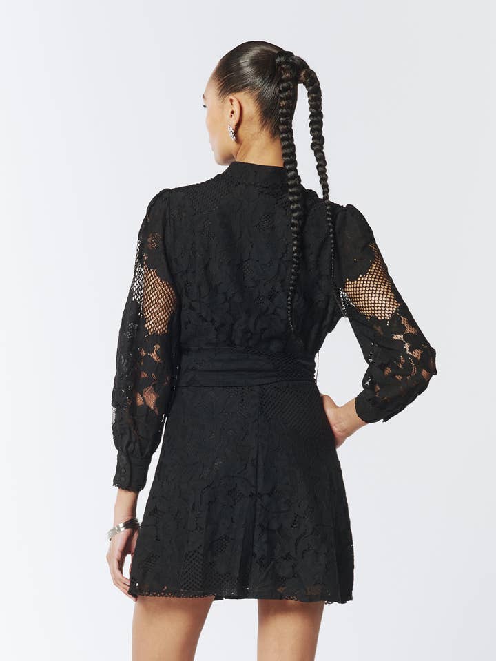 SOUR FIGS LONDON - Wholesale Dress - Women's - Sheer Lace Long Sleeve Mini Dress in Black1