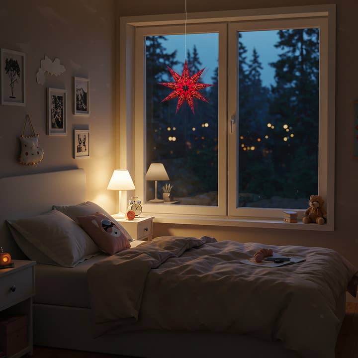 Artschatz LLC – wholesale Papperslykta/-lampa – Phoenix ~ 9 Pekare, 17 tum, rött papper Stjärna lykta ljus8