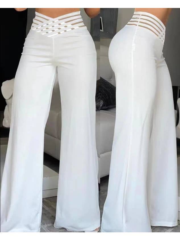 Tourtiwi - Vente Pantalon – femme - Pantalon évasé à ceinture creuse décontracté à taille haute6