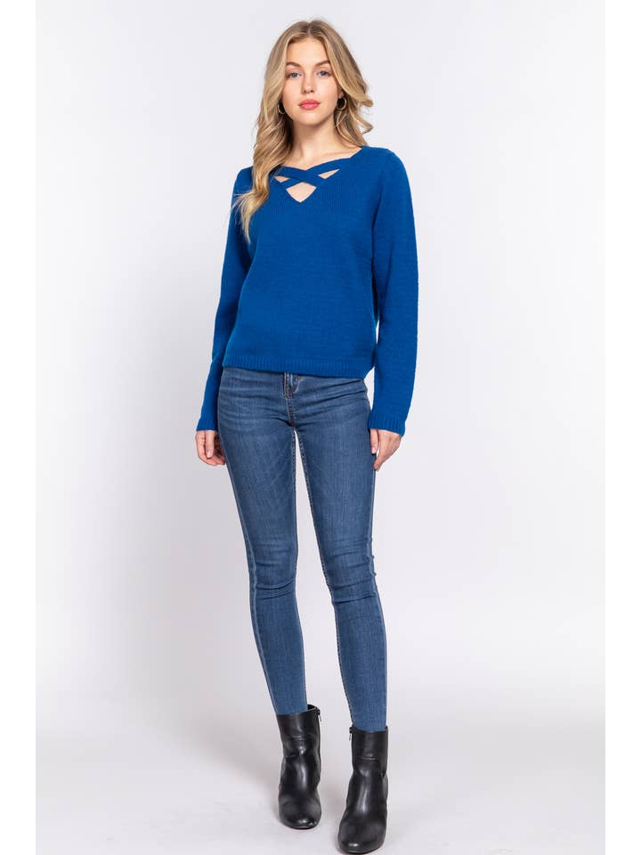 Active Basic | Active USA - Wholesale Knit Sweater - Women's - Long Sleeve V-neck With X Strap Sweater8