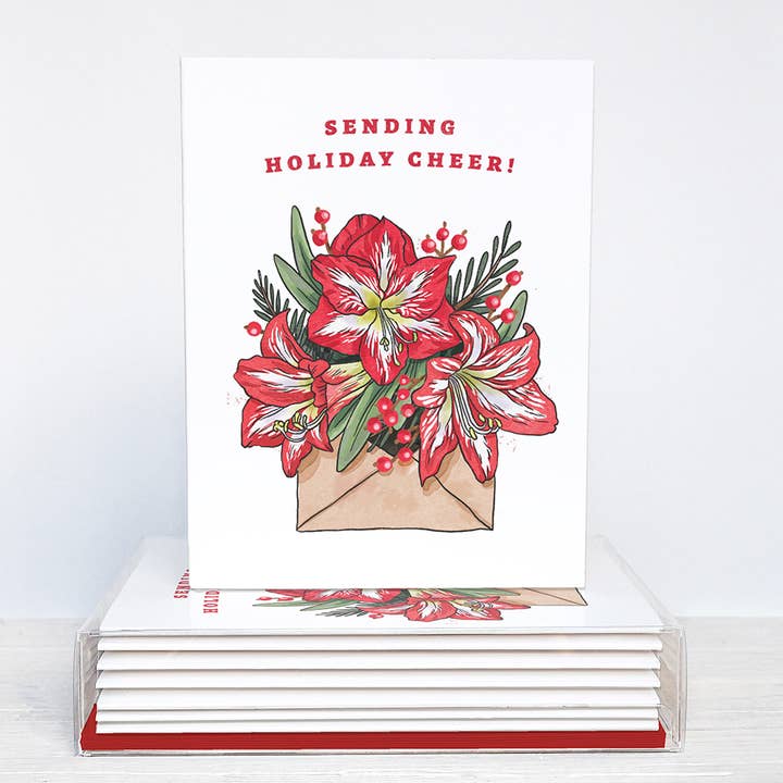 Cartes de Noël en boîte avec enveloppes Amaryllis de fête - Ensemble de 6 pour la vente par Brenna Daugherty Illustration