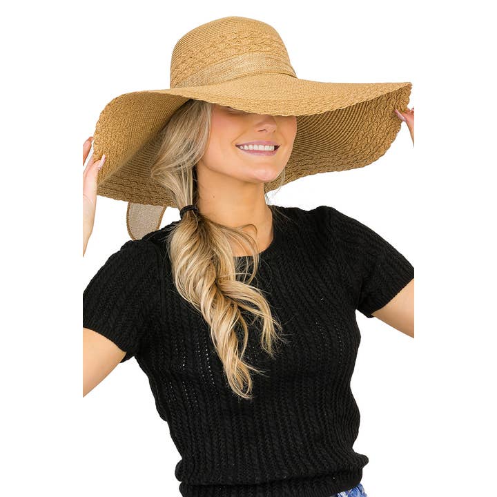 Cap Zone - Wholesale Straw Hat - Women's - Scallop Hem Burlap Chiffon Bow Paper Straw Floppy Sun Hat