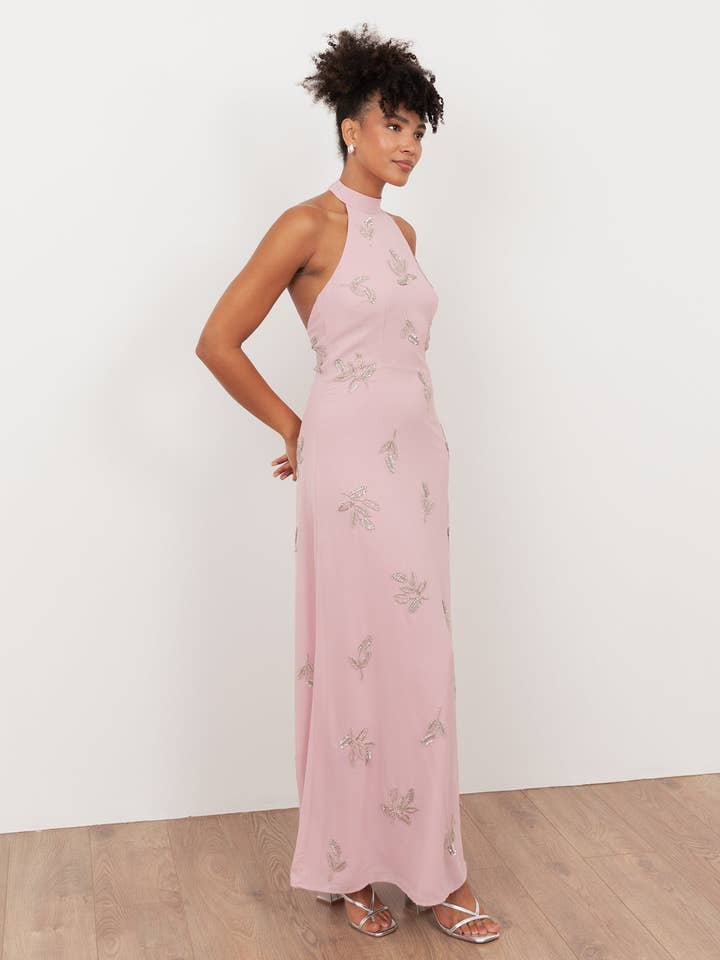 Maya Soft Pink Embellished Halter Neck & Open Back Maxi Dress for wholesale by Plaza Collection Ltd