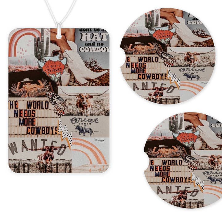 All Hats Western Car Freshener and Coaster Set for wholesale by Texas Petunias Boutique
