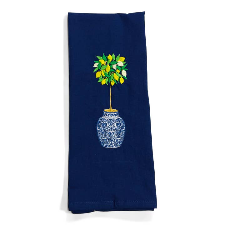 Towel - Lemon Tree in Blue and White Planter Pot on navy for wholesale by Vibrantly Blue