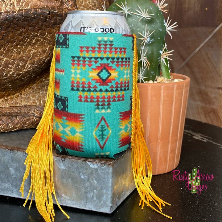 Koozie à franges aztèques turquoise pour la vente par RAD Wholesale